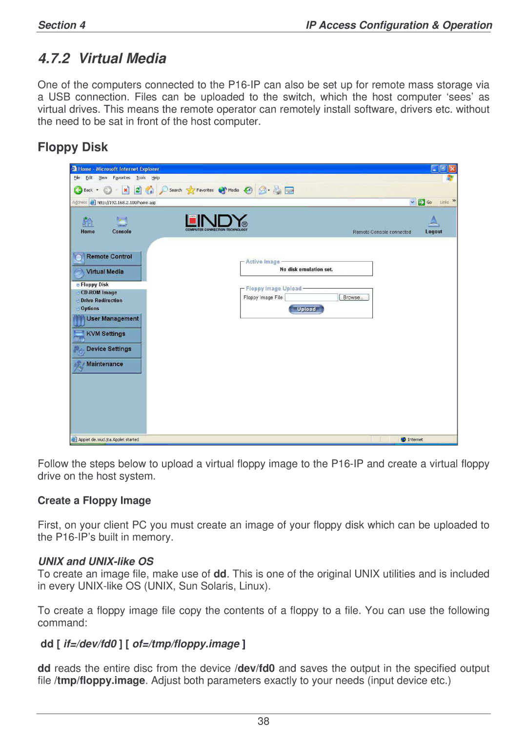 Lindy P16-IP user manual Floppy Disk, Create a Floppy Image, Unix and UNIX-like OS, Dd if=/dev/fd0 of=/tmp/floppy.image 