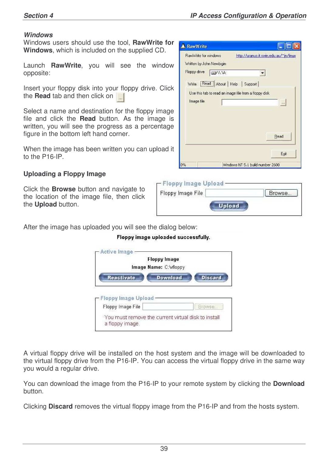 Lindy P16-IP user manual Section IP Access Configuration & Operation Windows, Uploading a Floppy Image 