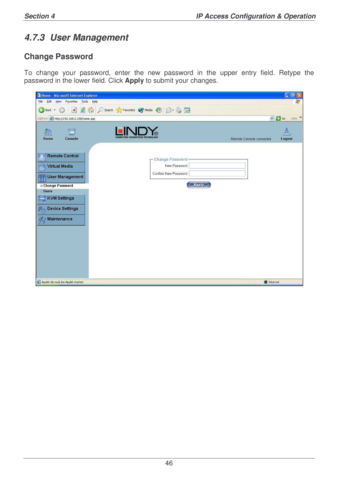 Lindy P16-IP user manual User Management, Change Password 