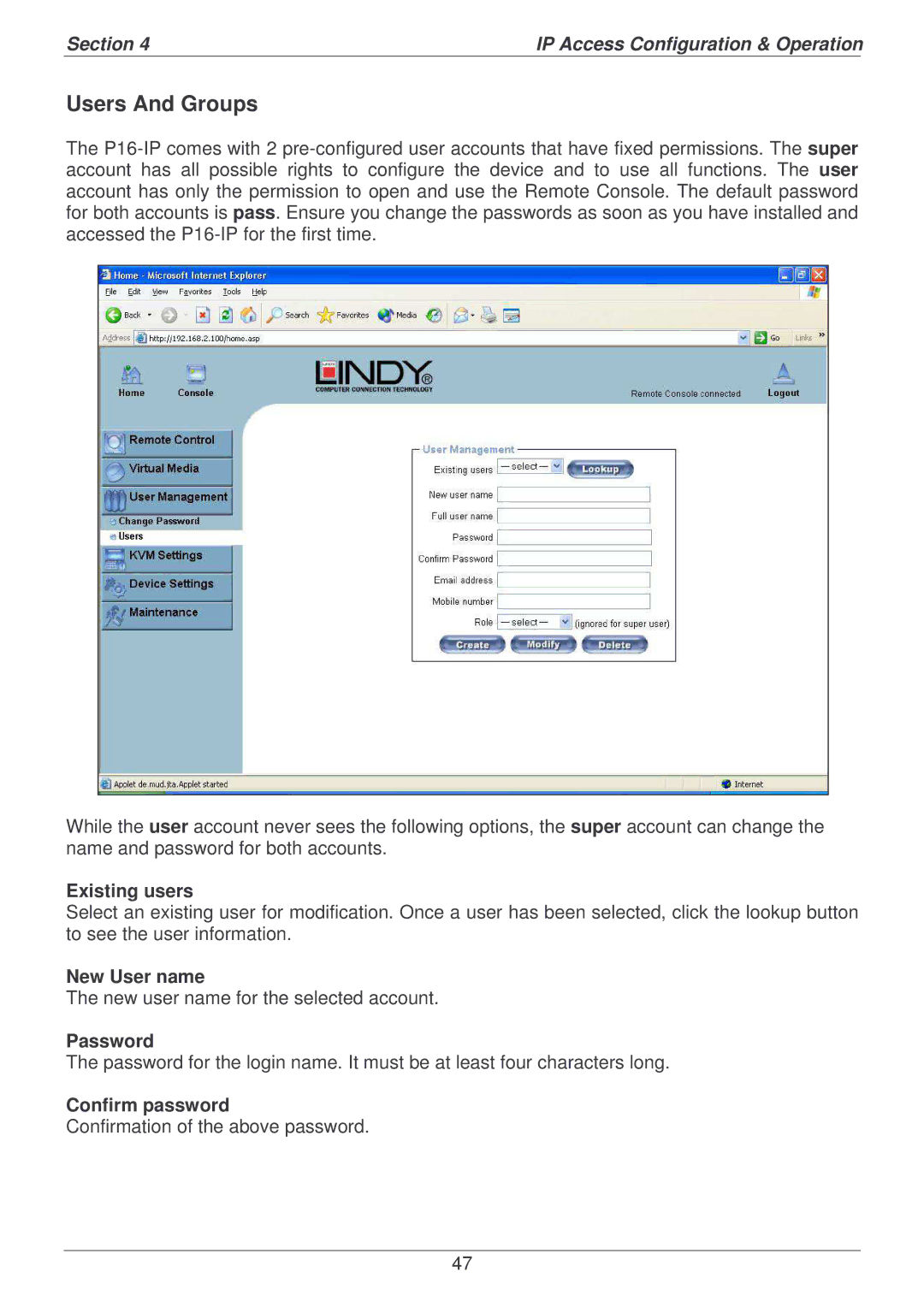 Lindy P16-IP user manual Users And Groups, Existing users, New User name, Confirm password 