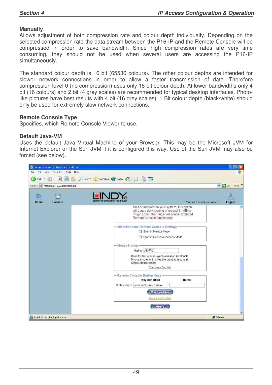 Lindy P16-IP user manual Manually, Remote Console Type, Default Java-VM 