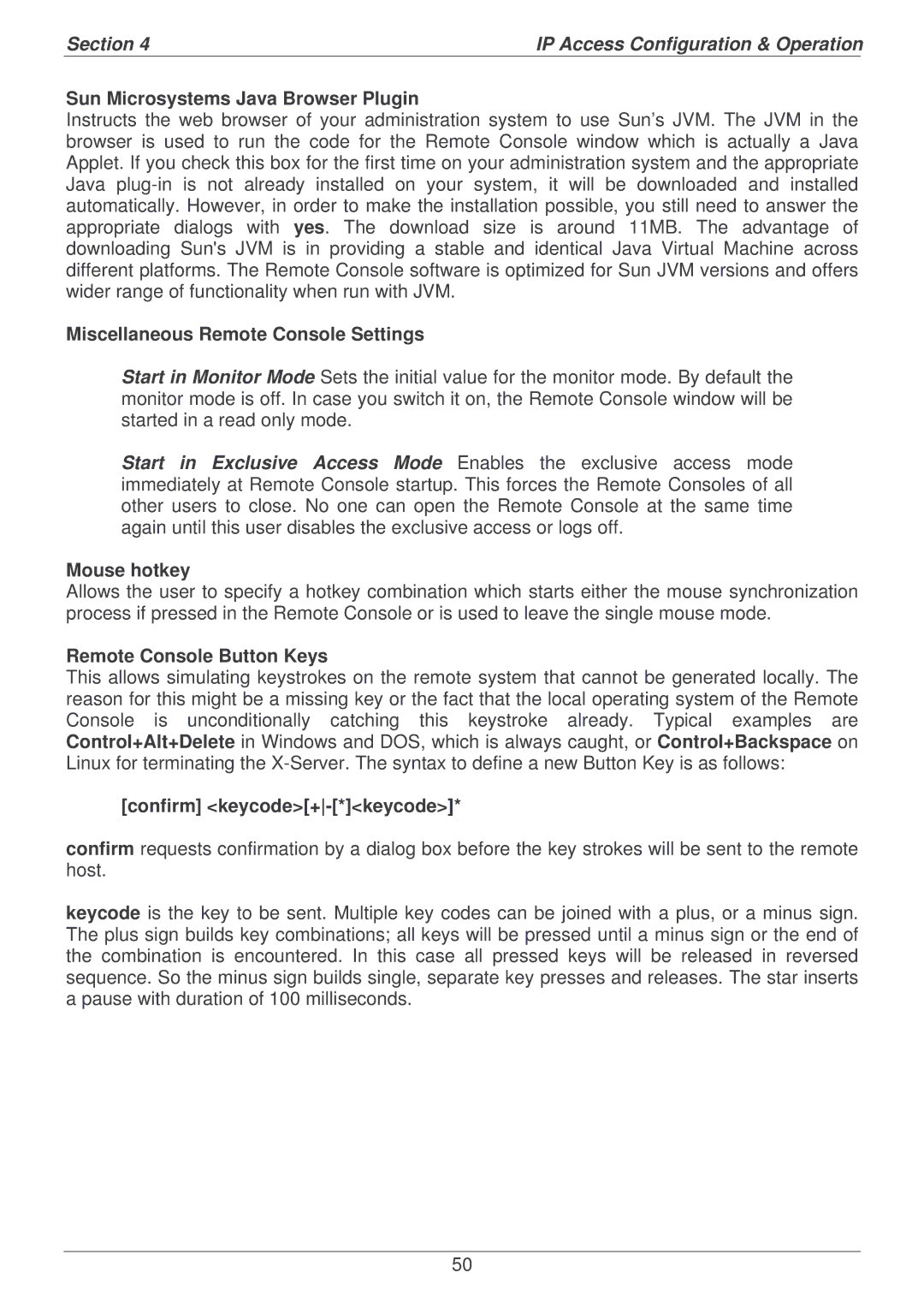 Lindy P16-IP user manual Sun Microsystems Java Browser Plugin, Miscellaneous Remote Console Settings, Mouse hotkey 