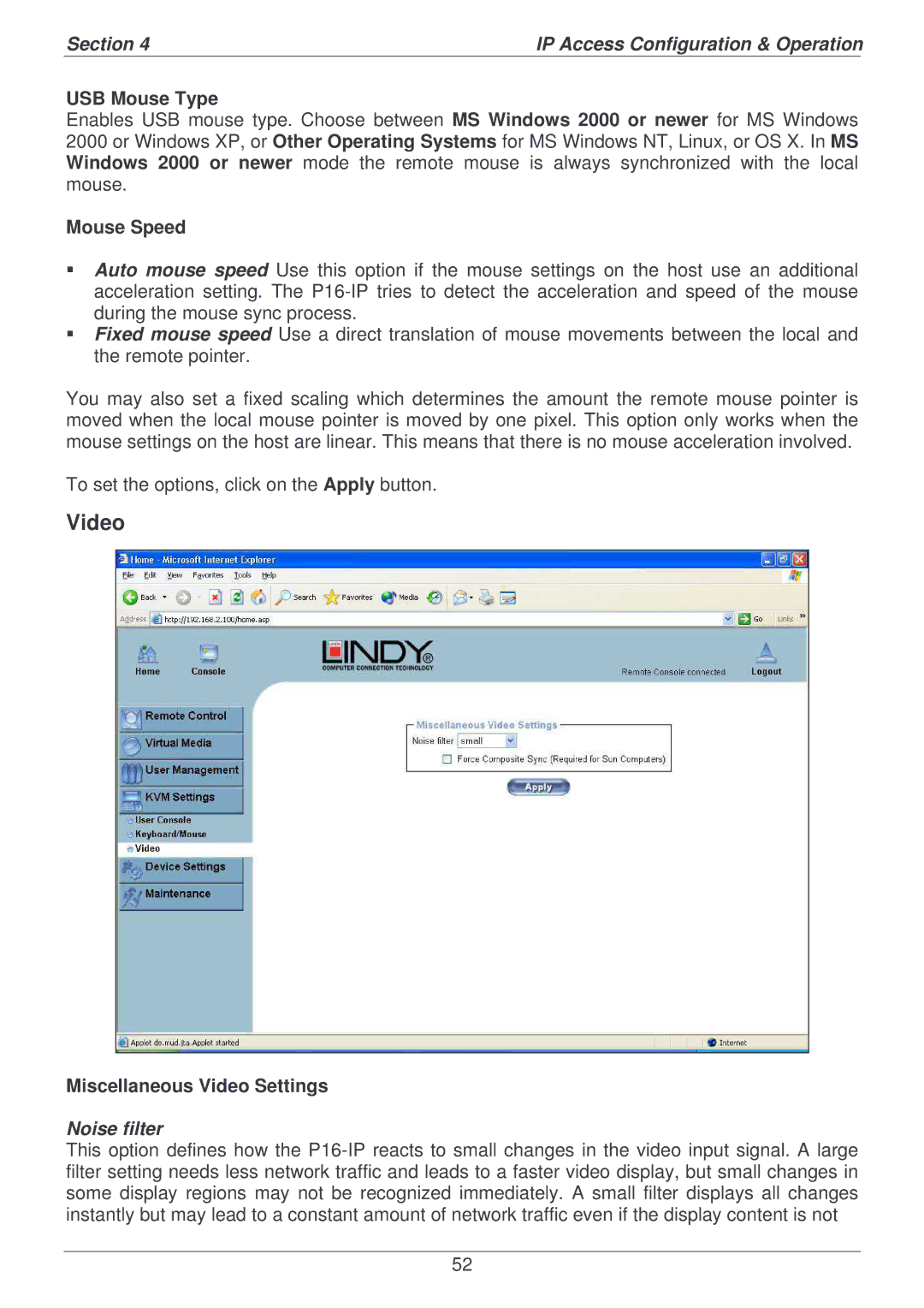 Lindy P16-IP user manual USB Mouse Type, Mouse Speed, Miscellaneous Video Settings, Noise filter 