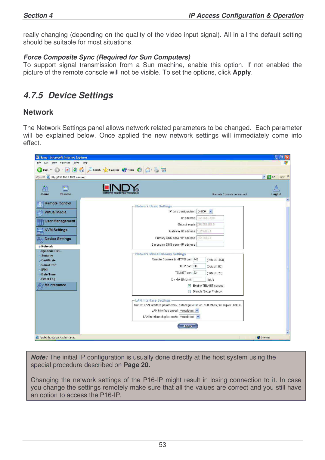 Lindy P16-IP user manual Network, Force Composite Sync Required for Sun Computers 