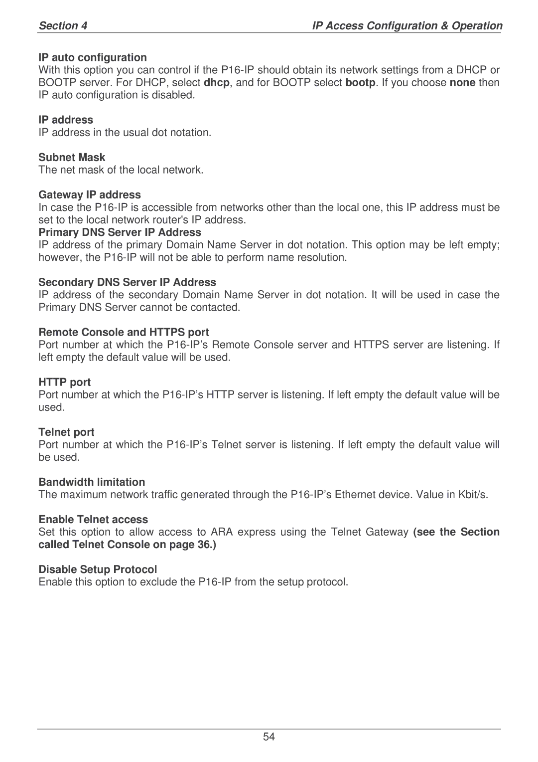 Lindy P16-IP IP auto configuration, Subnet Mask, Gateway IP address, Primary DNS Server IP Address, Http port, Telnet port 