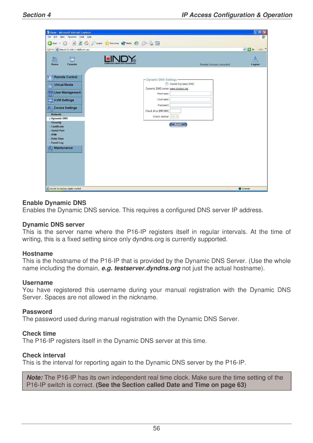 Lindy P16-IP user manual Enable Dynamic DNS, Dynamic DNS server, Hostname, Username, Check time, Check interval 