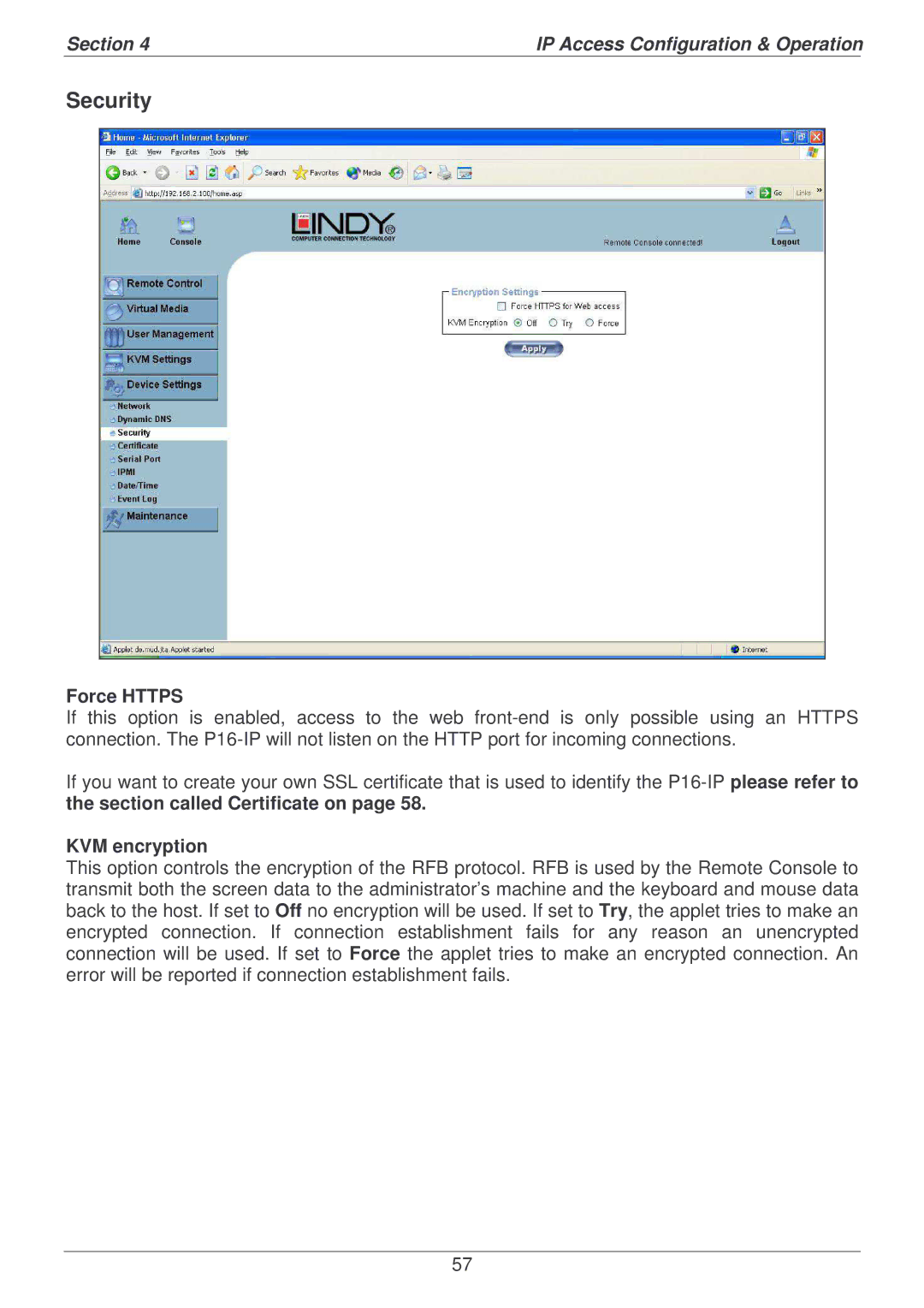 Lindy P16-IP user manual Security, Force Https, Section called Certificate on KVM encryption 