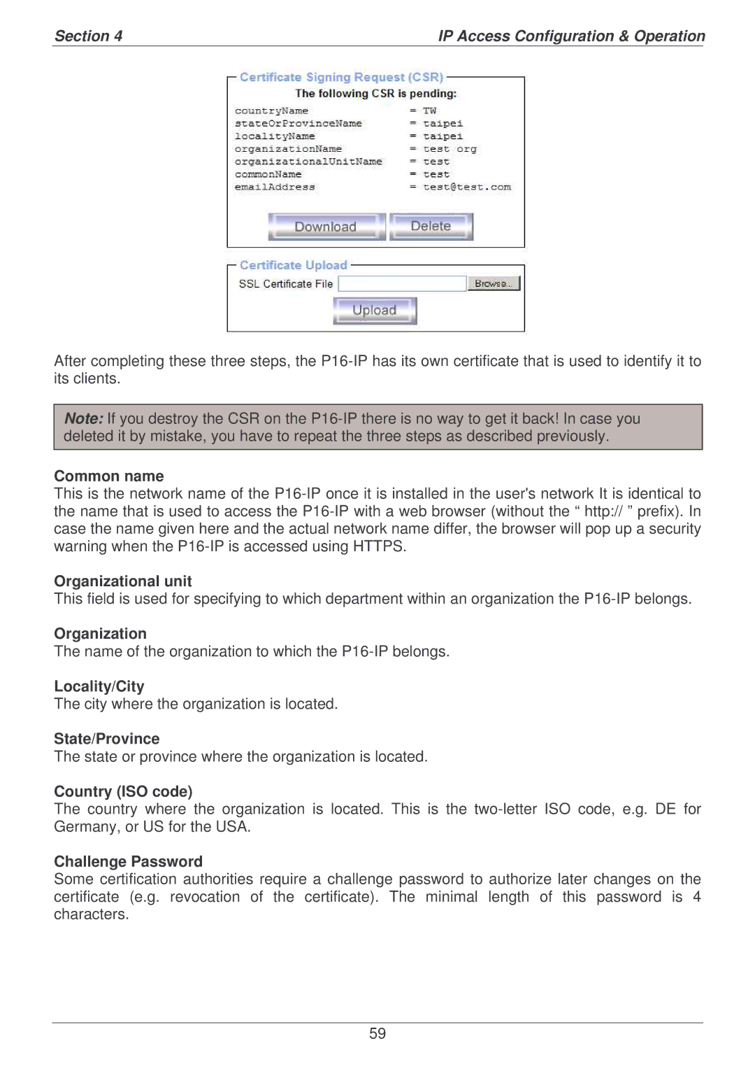 Lindy P16-IP Common name, Organizational unit, Locality/City, State/Province, Country ISO code, Challenge Password 