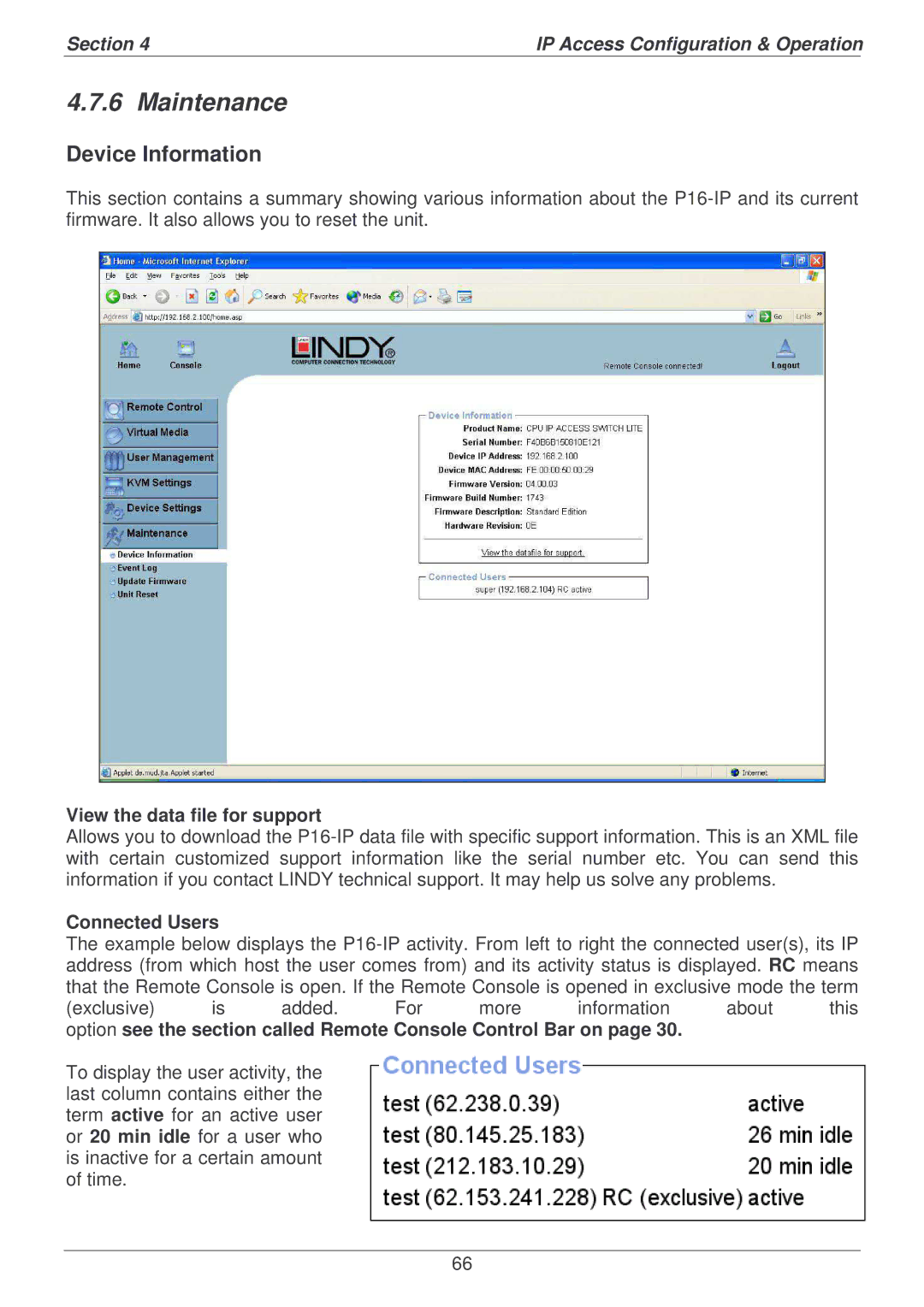 Lindy P16-IP user manual Device Information, View the data file for support, Connected Users 