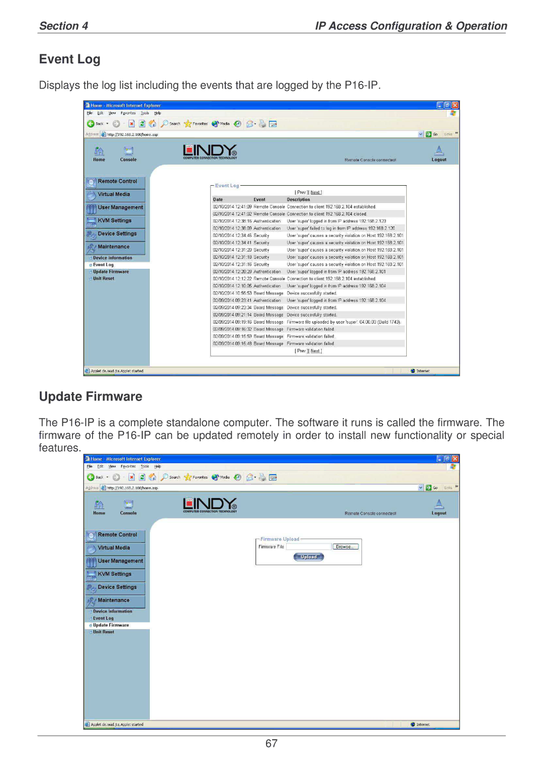 Lindy P16-IP user manual Event Log, Update Firmware 