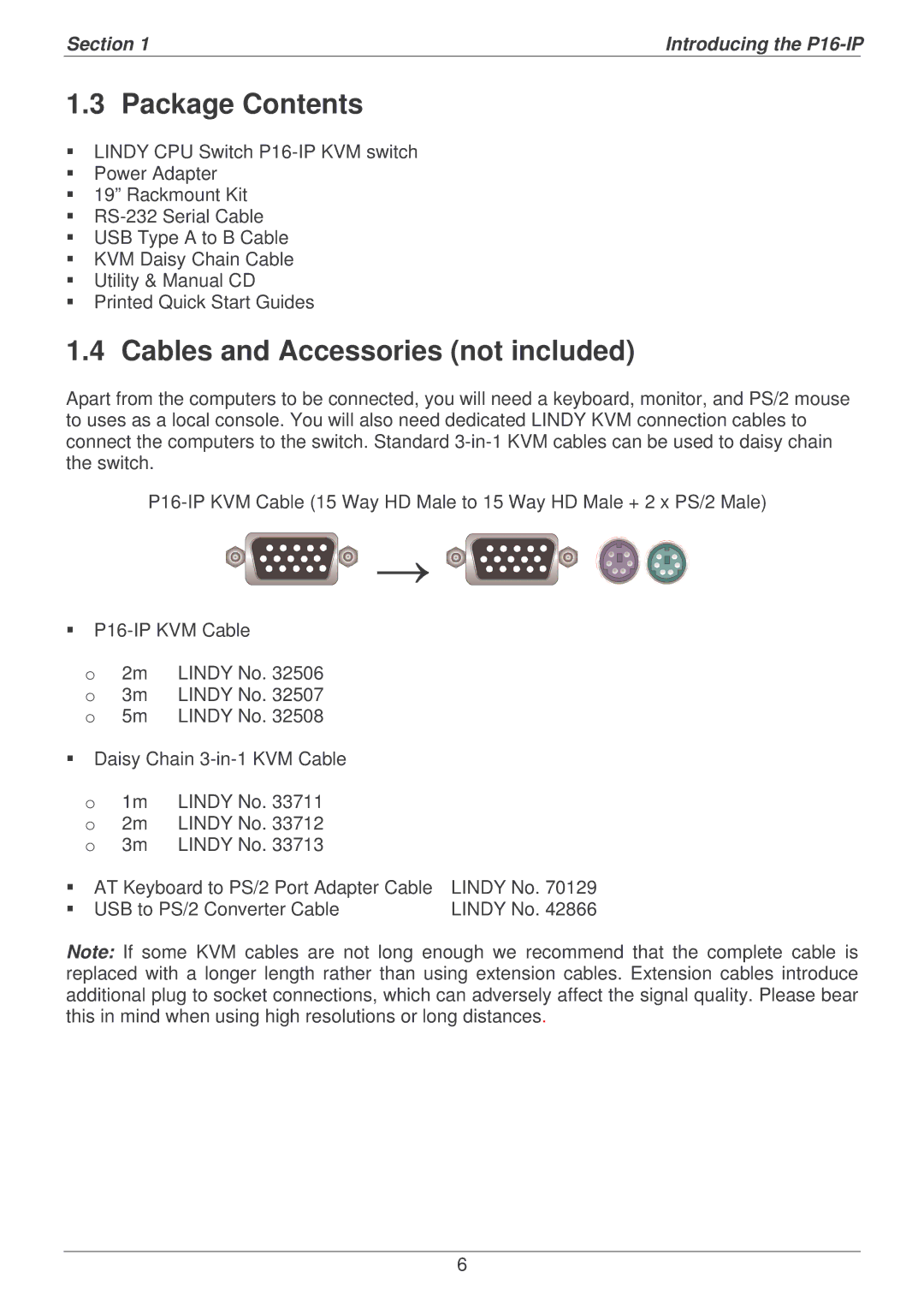 Lindy P16-IP user manual Package Contents, Cables and Accessories not included 