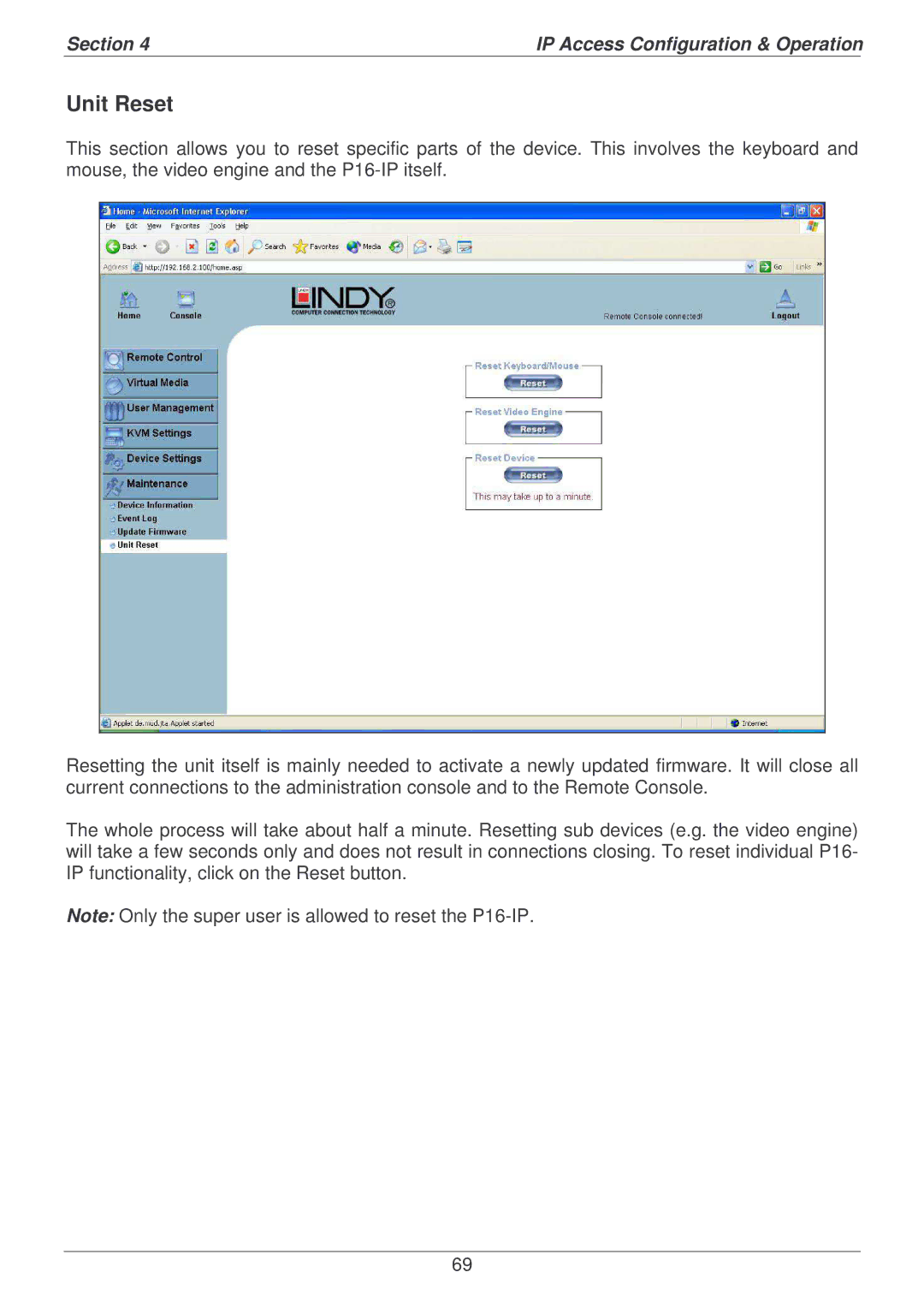 Lindy P16-IP user manual Unit Reset 