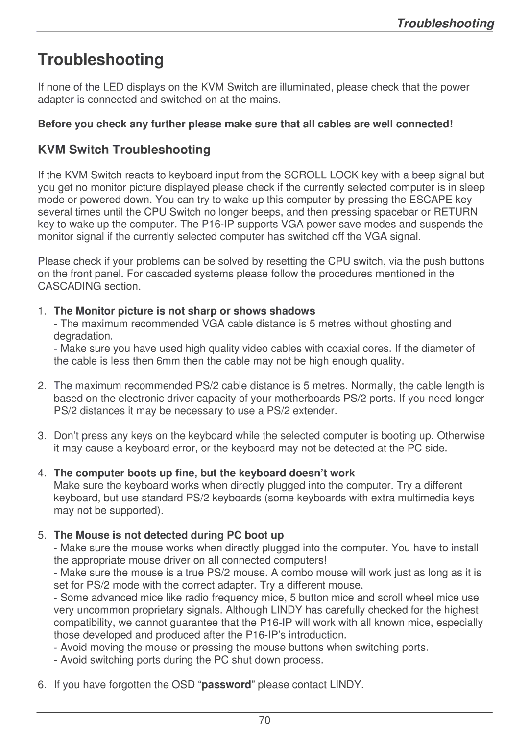 Lindy P16-IP user manual KVM Switch Troubleshooting 