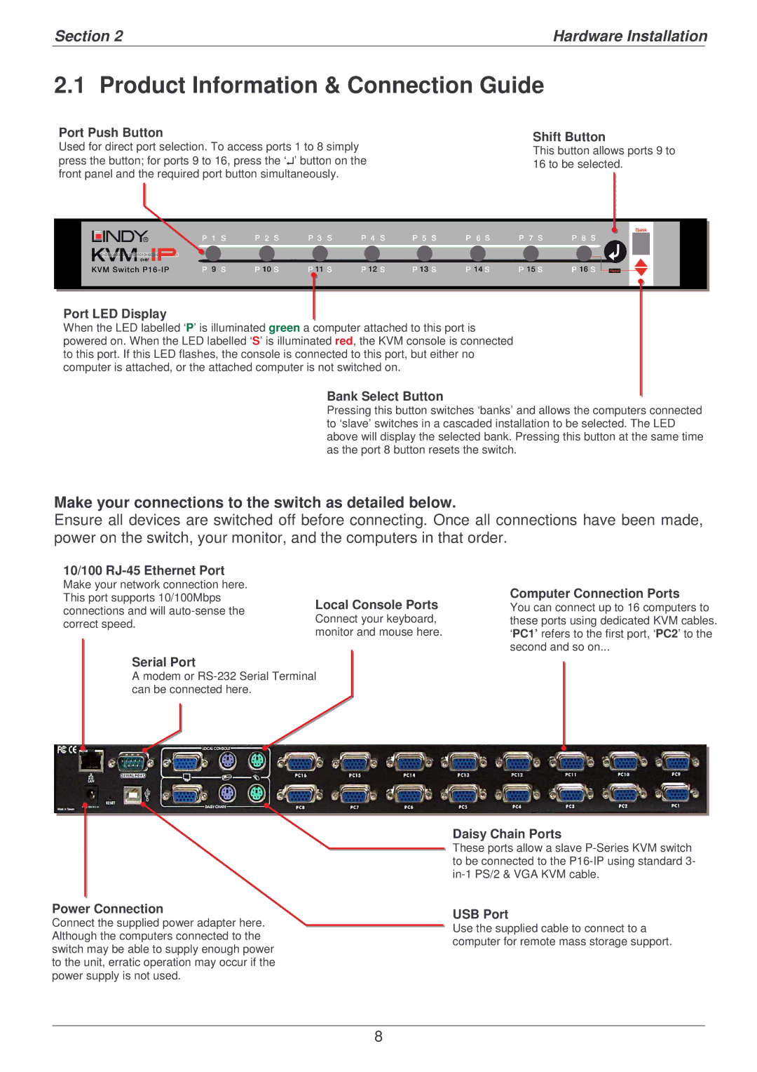 Lindy P16-IP user manual Product Information & Connection Guide, Section Hardware Installation 