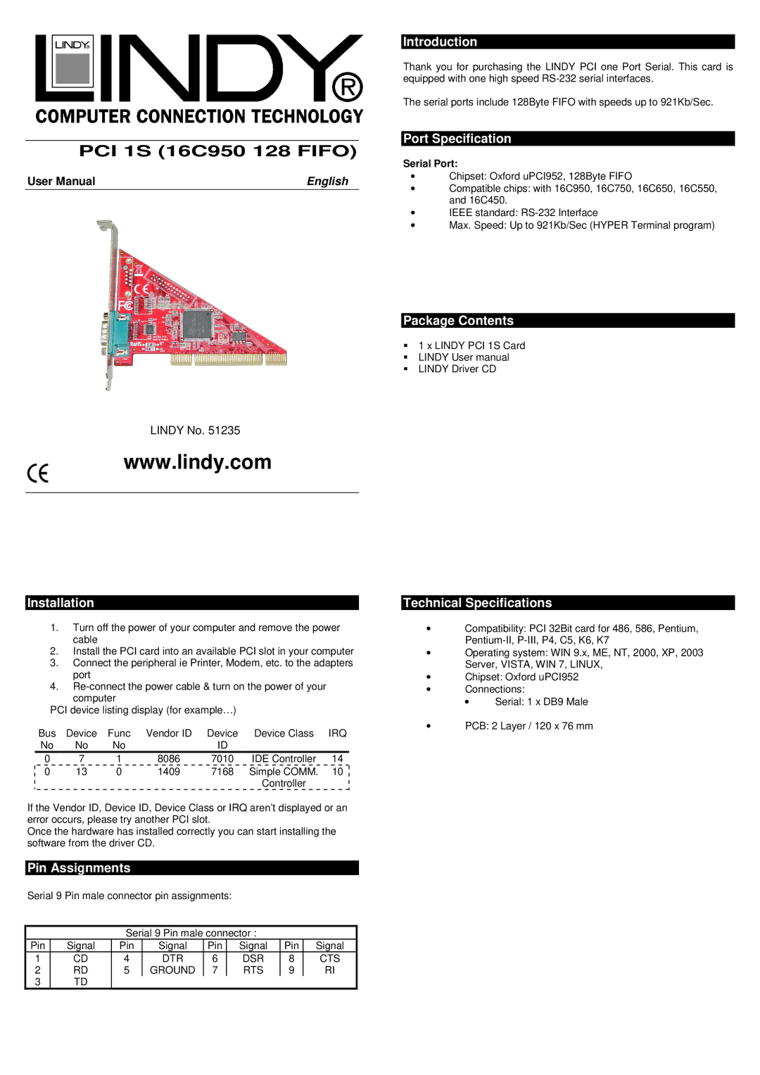 Lindy PCI 1S (16C950 128 FIFO) technical specifications Installation, Pin Assignments, Introduction, Port Specification 