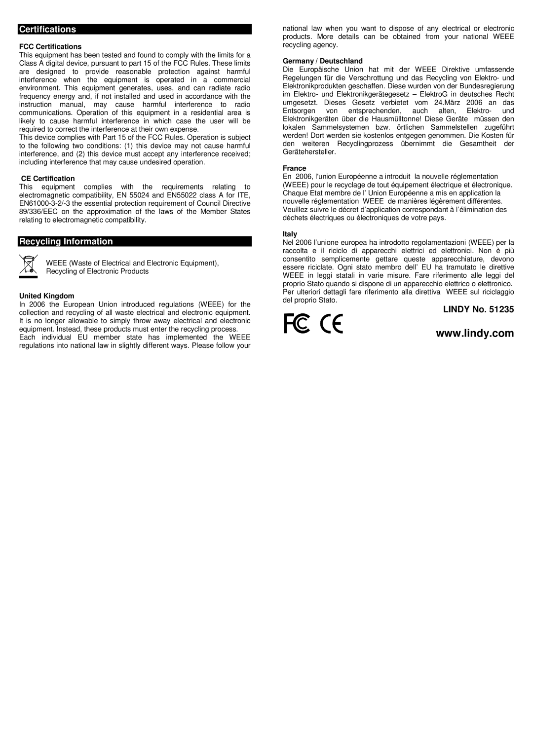 Lindy PCI 1S (16C950 128 FIFO) technical specifications Certifications, Recycling Information 