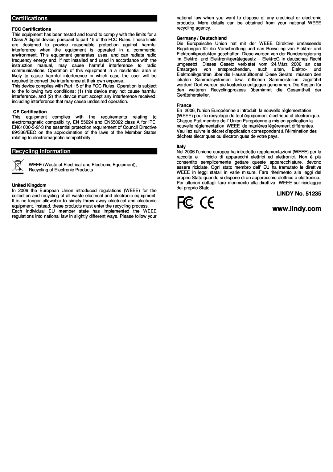 Lindy PCI 1S (16C950 128 FIFO) Recycling Information, FCC Certifications, CE Certification, United Kingdom, France 
