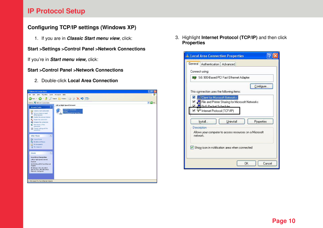 Lindy Personal Server Configuring TCP/IP settings Windows XP, Start Settings Control Panel Network Connections Properties 