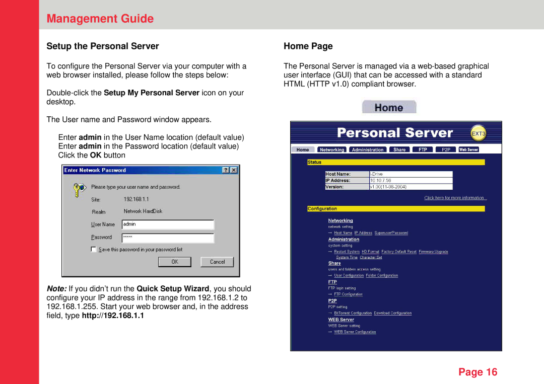 Lindy instruction manual Management Guide, Setup the Personal Server, Home 