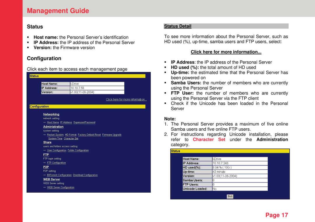 Lindy Personal Server instruction manual Configuration, Status Detail, Click here for more information 