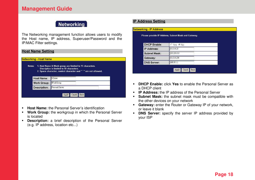 Lindy Personal Server instruction manual IP Address Setting, Host Name Setting 