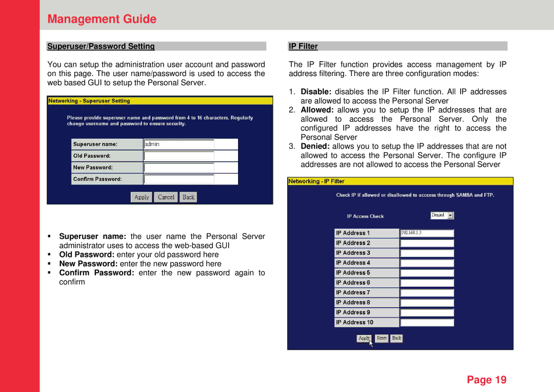 Lindy Personal Server instruction manual Superuser/Password Setting, IP Filter 