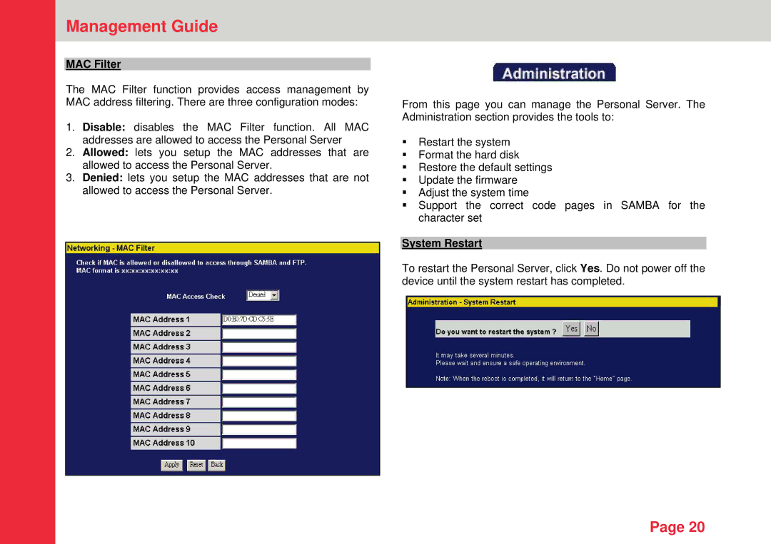 Lindy Personal Server instruction manual MAC Filter, System Restart 