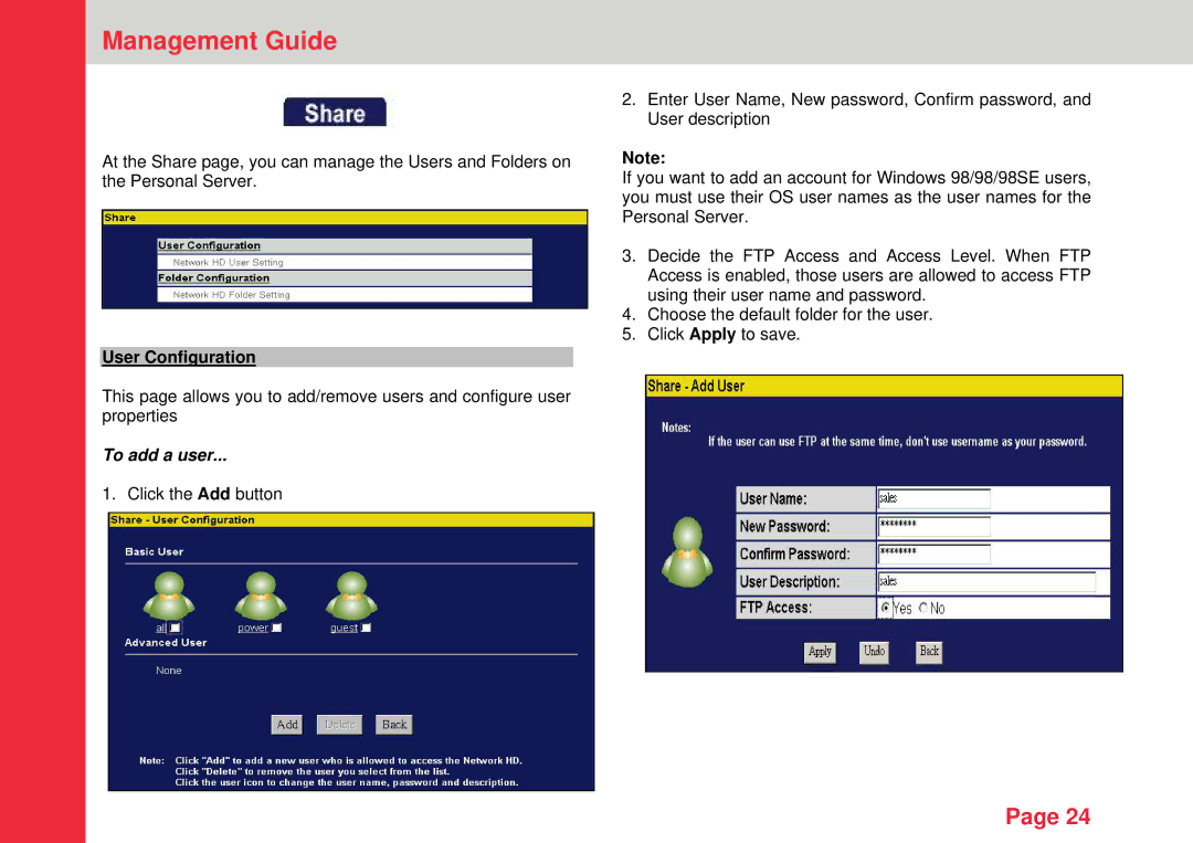 Lindy Personal Server instruction manual User Configuration, To add a user 