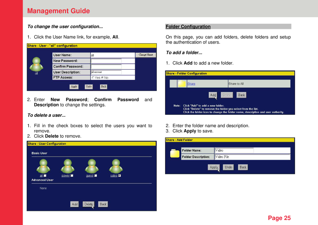 Lindy Personal Server To change the user configuration, Folder Configuration, To add a folder, To delete a user 