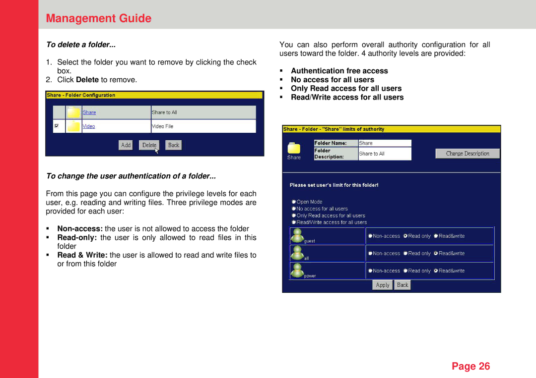 Lindy Personal Server instruction manual To delete a folder, To change the user authentication of a folder 