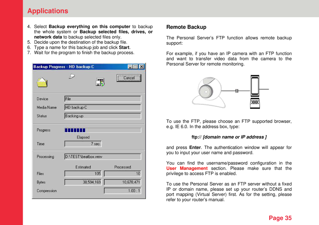 Lindy Personal Server instruction manual Remote Backup, Ftp// domain name or IP address 