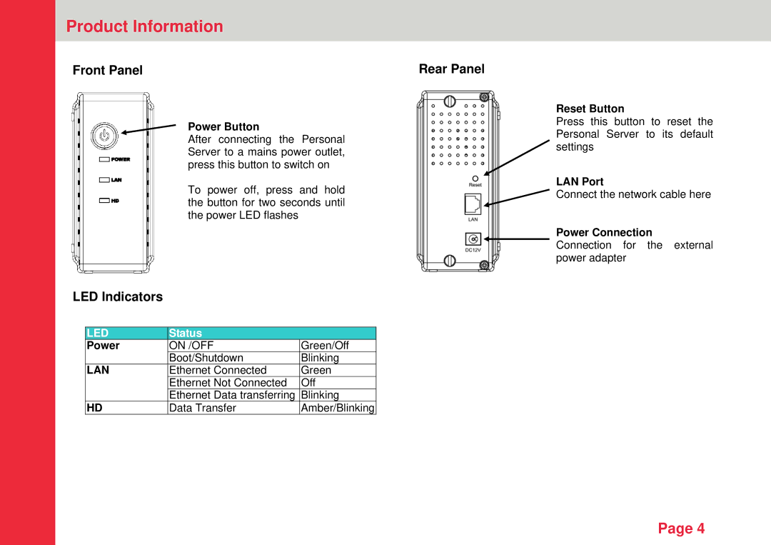 Lindy Personal Server instruction manual Product Information, Front Panel, LED Indicators 