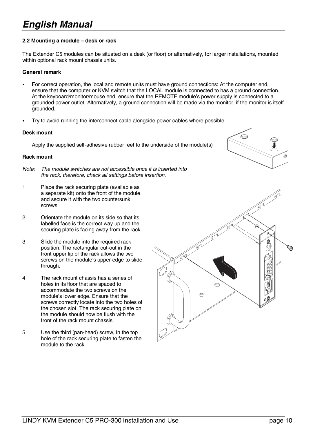 Lindy PRO-300 user manual Mounting a module desk or rack, General remark, Desk mount, Rack mount 