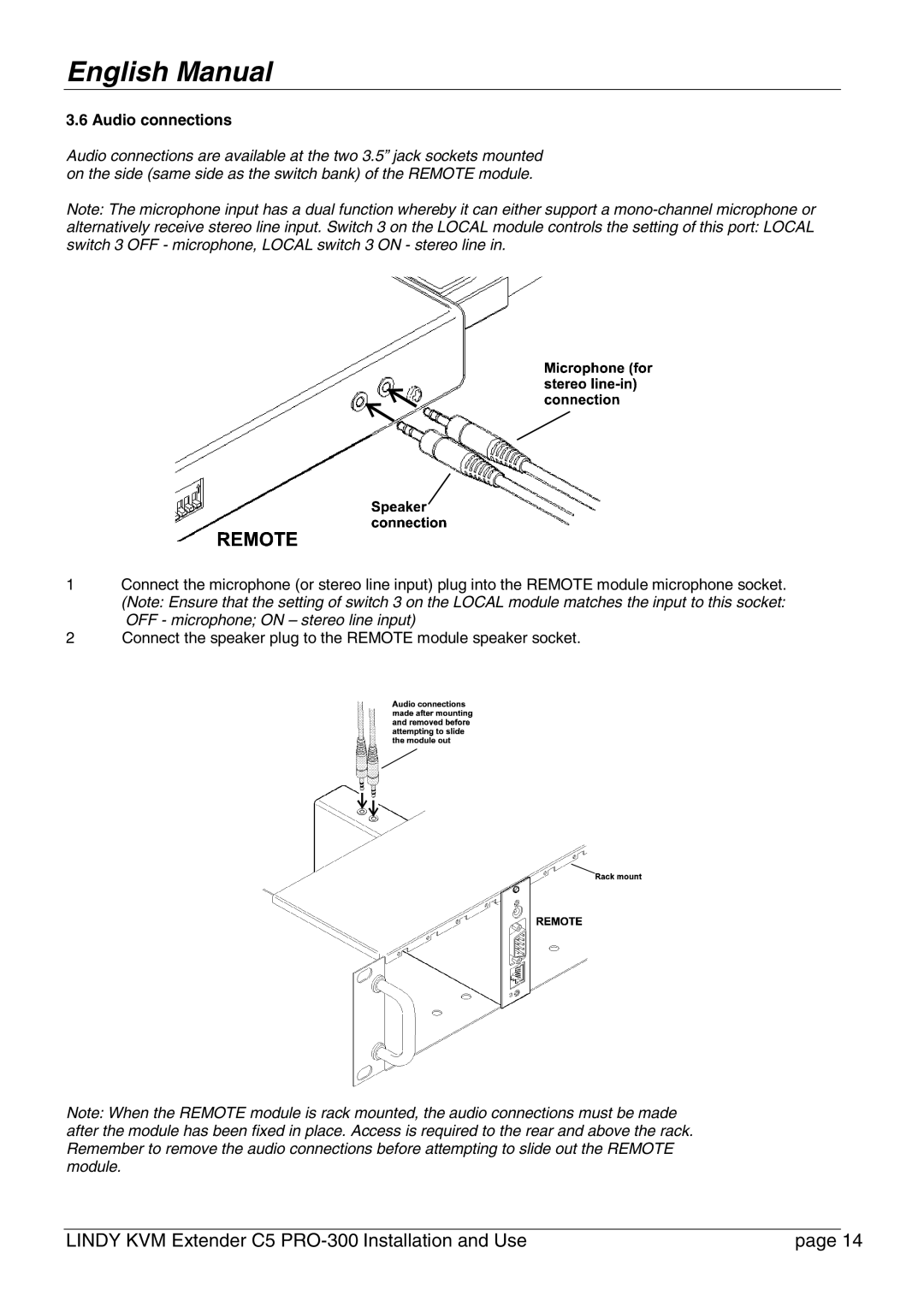 Lindy PRO-300 user manual Audio connections 