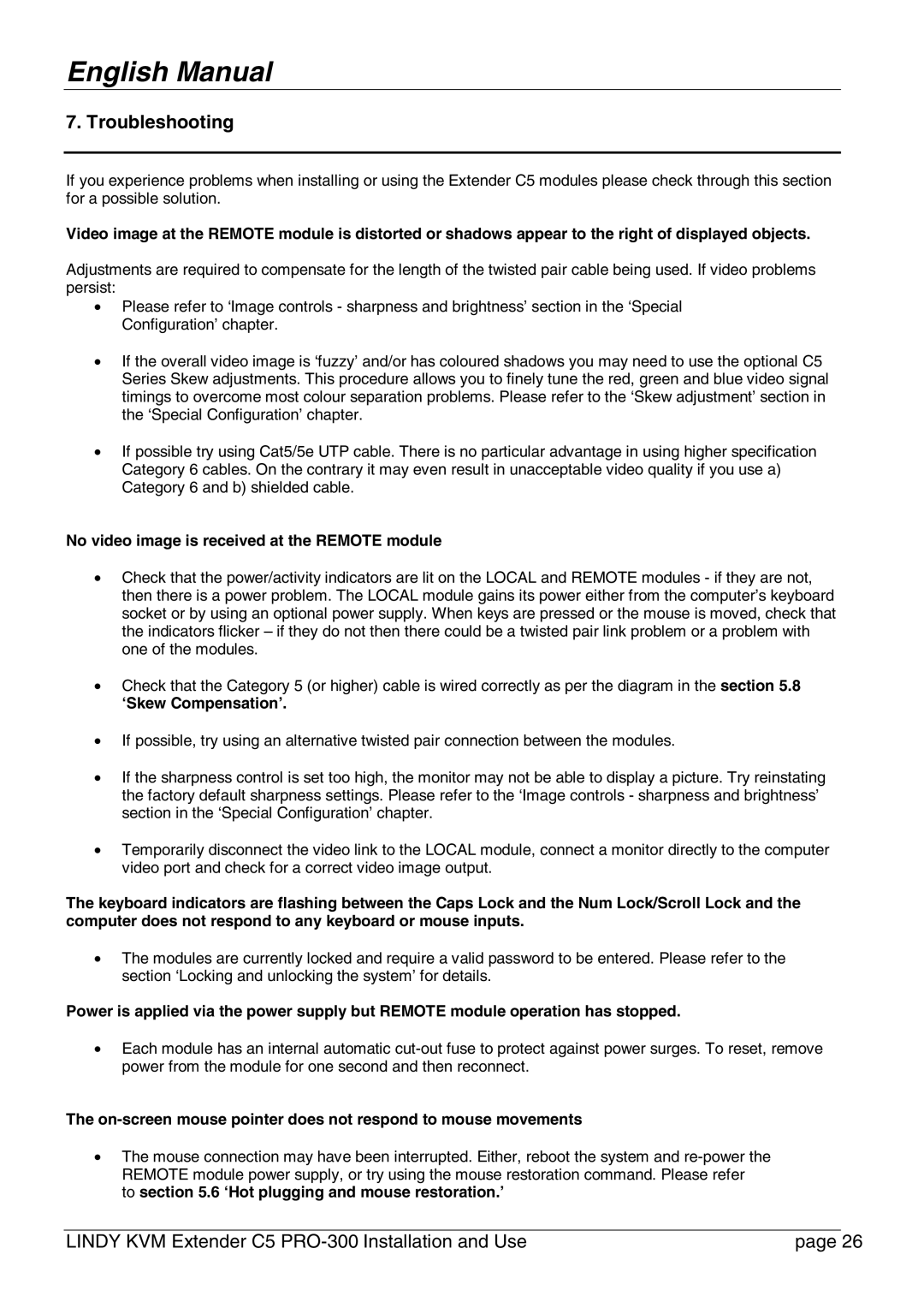 Lindy PRO-300 user manual Troubleshooting, No video image is received at the Remote module 