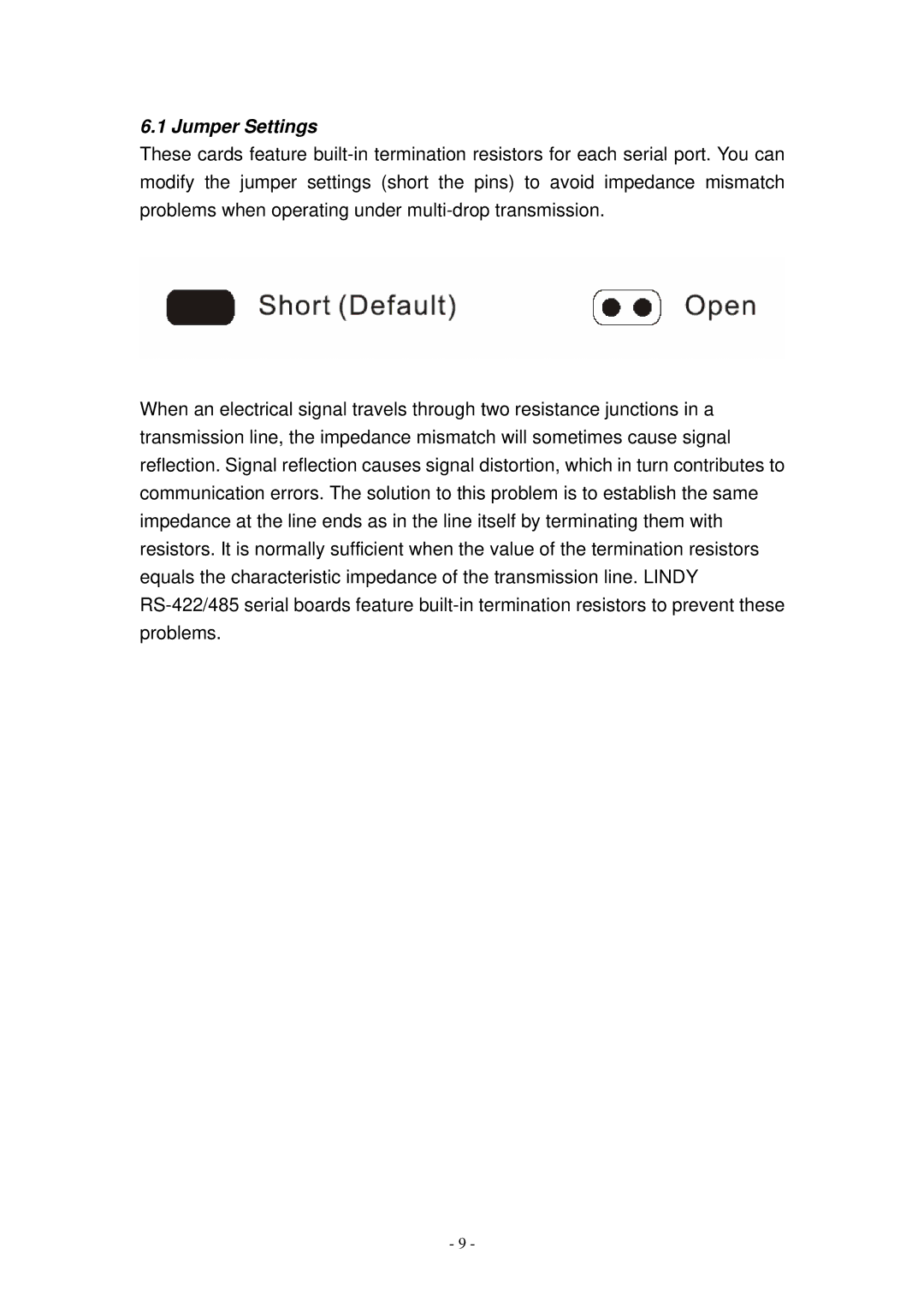 Lindy RS-422/485 user manual Jumper Settings 