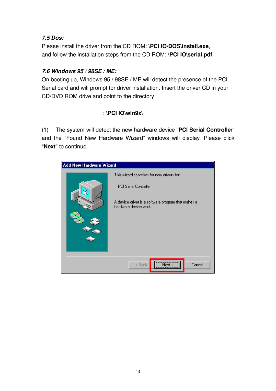 Lindy RS-422/485 user manual Dos, Windows 95 / 98SE / ME, PCI IO\win9x 