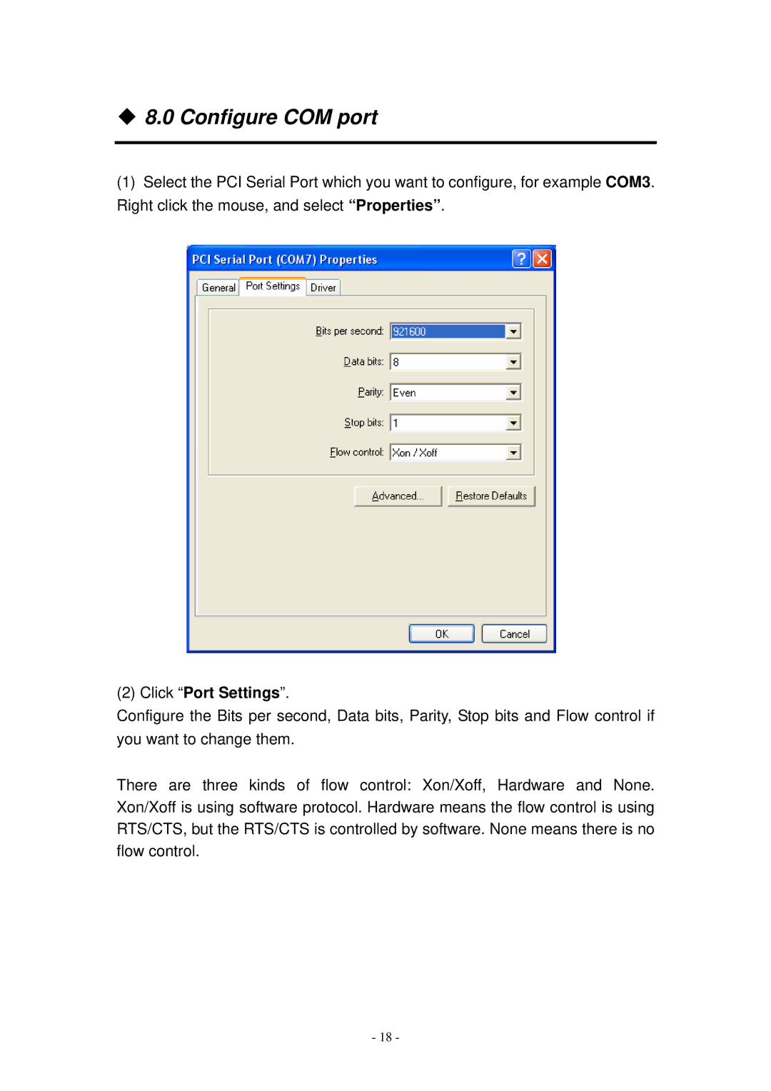 Lindy RS-422/485 user manual ‹ 8.0 Configure COM port, Click Port Settings 