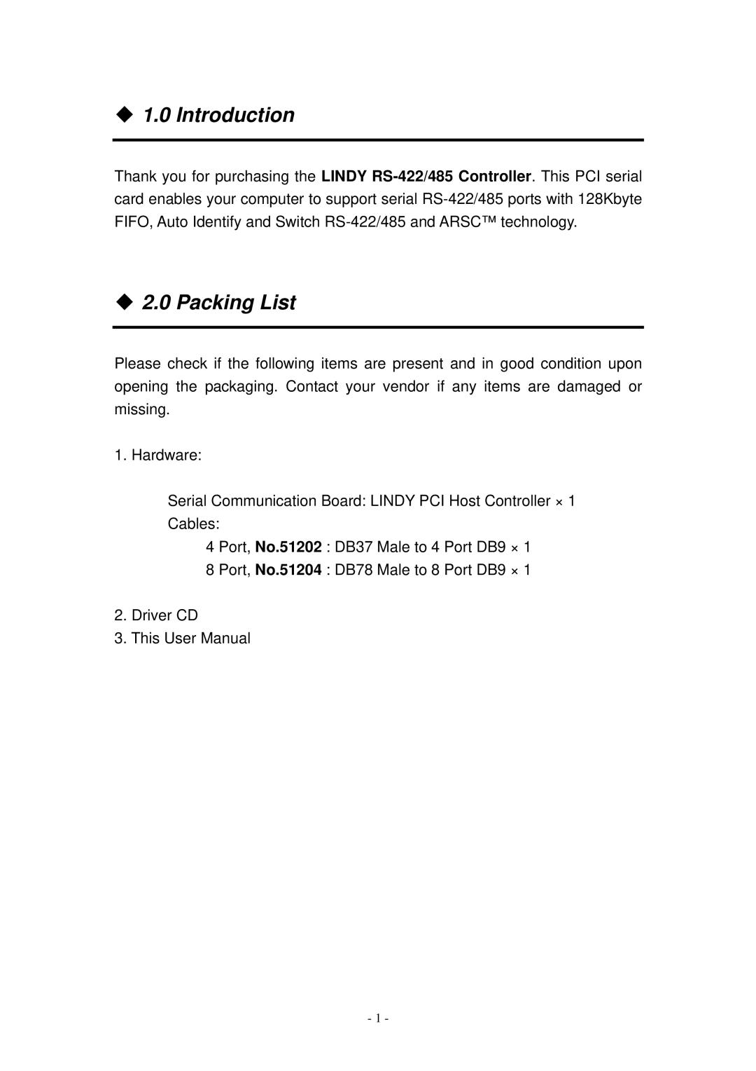 Lindy RS-422/485 user manual ‹ 1.0 Introduction, ‹ 2.0 Packing List 