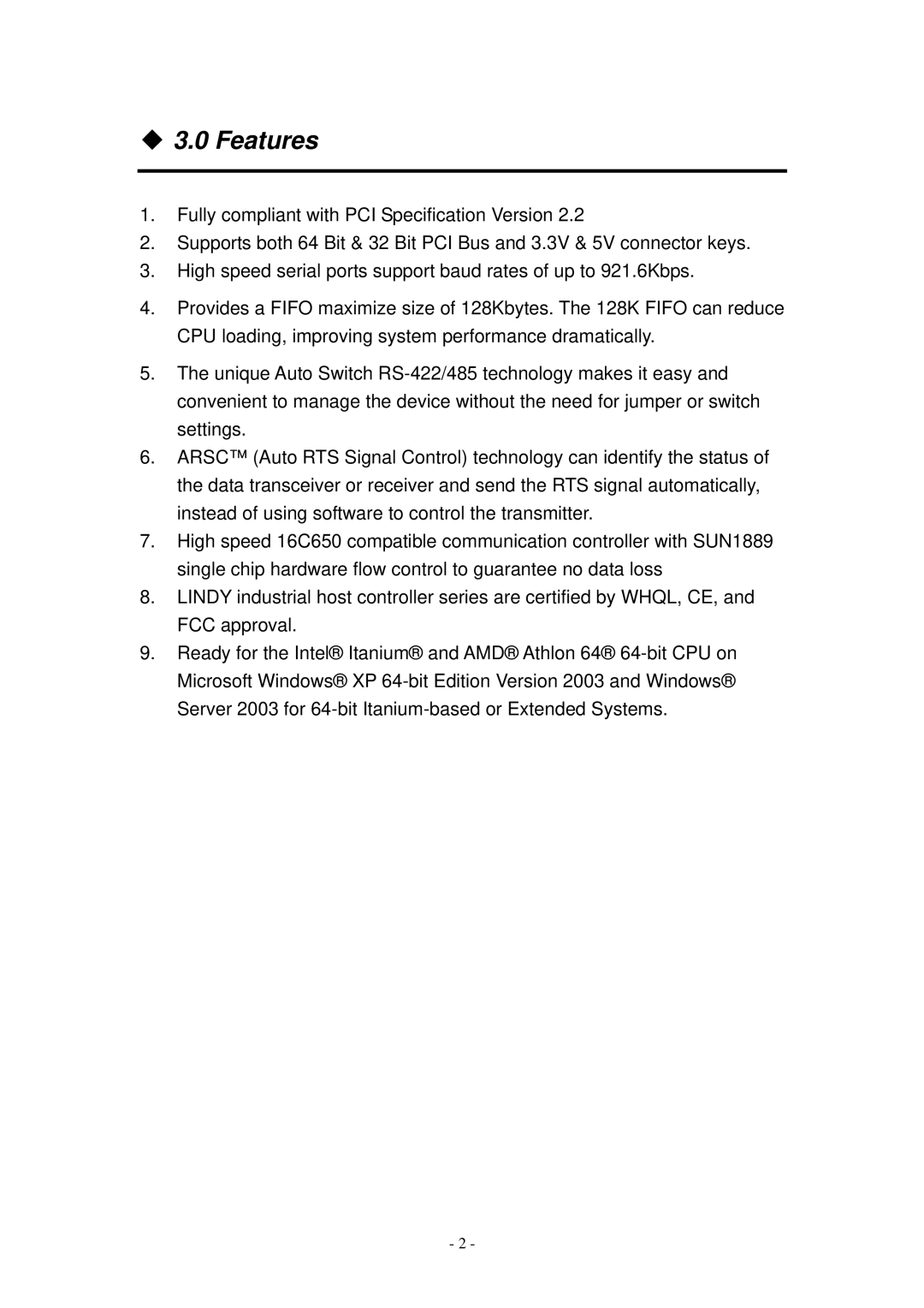 Lindy RS-422/485 user manual ‹ 3.0 Features 