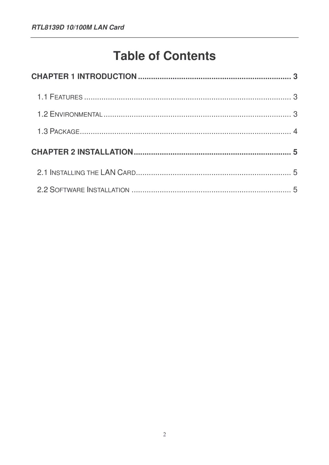 Lindy RTL8139D manual Table of Contents 