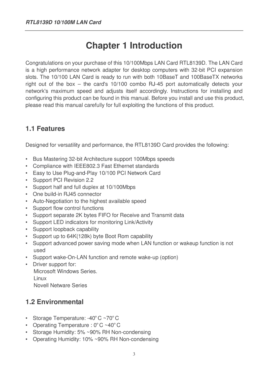 Lindy RTL8139D manual Introduction, Features, Environmental 