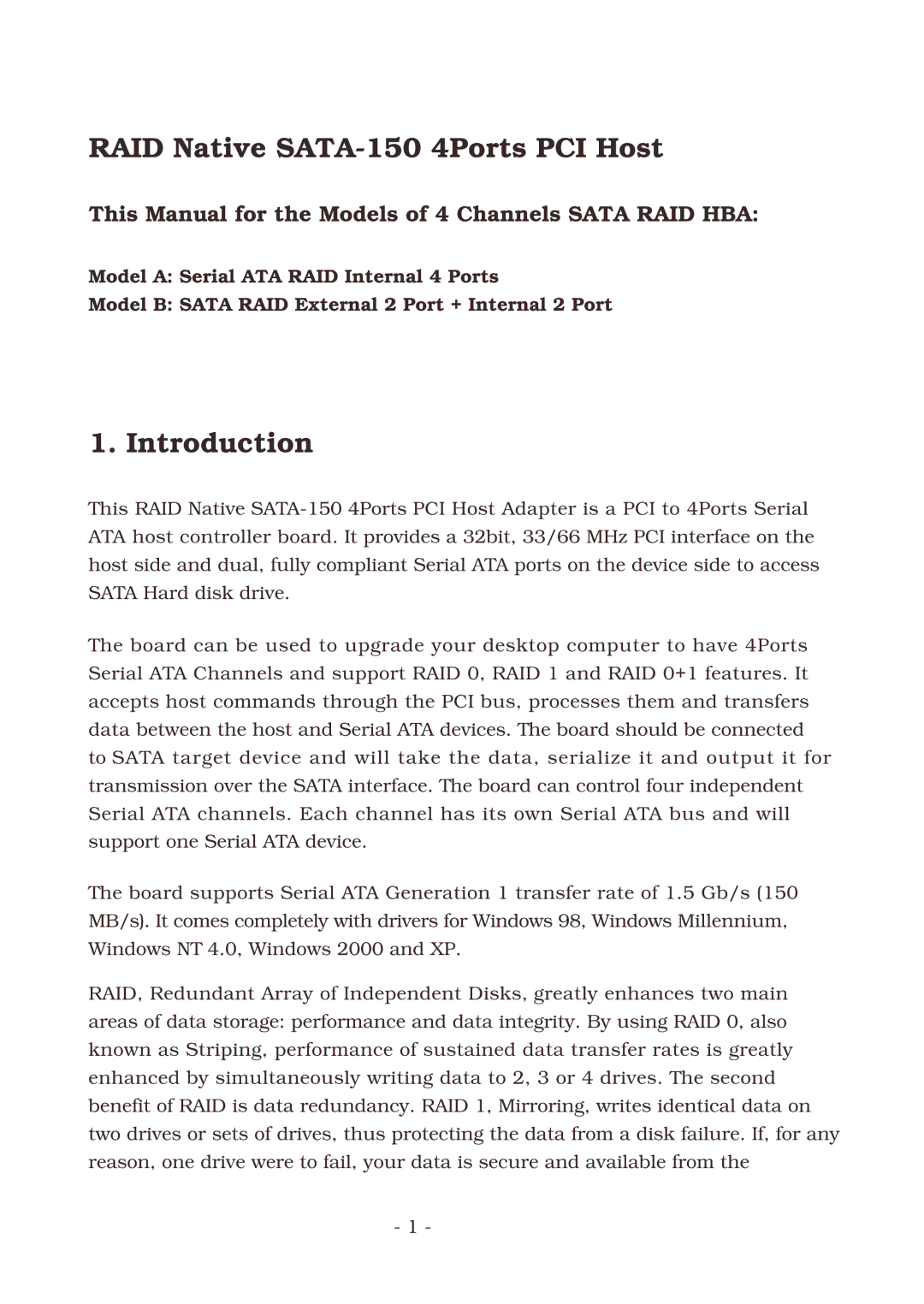 Lindy manual RAID Native SATA-150 4Ports PCI Host, Introduction, This Manual for the Models of 4 Channels Sata RAID HBA 