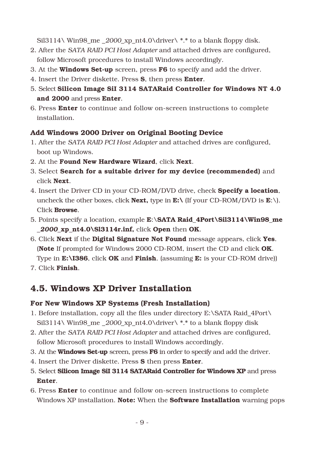 Lindy SATA-150 manual Windows XP Driver Installation, Add Windows 2000 Driver on Original Booting Device 