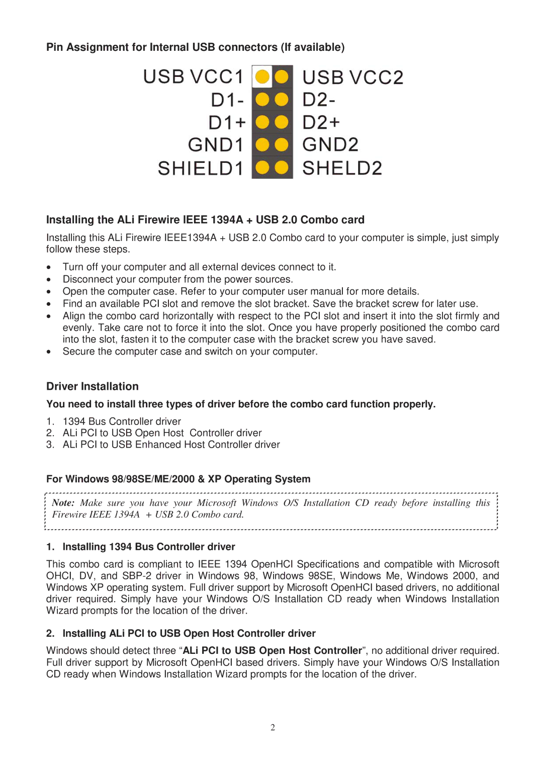 Lindy SD-CBALINEC-4E6I user manual Driver Installation, Installing ALi PCI to USB Open Host Controller driver 