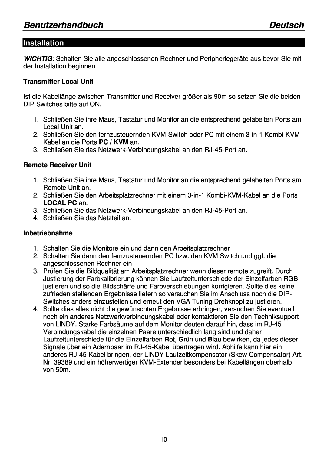 Lindy Smart Transmitter Local Unit, Inbetriebnahme, Benutzerhandbuch, Deutsch, Installation, Remote Receiver Unit 