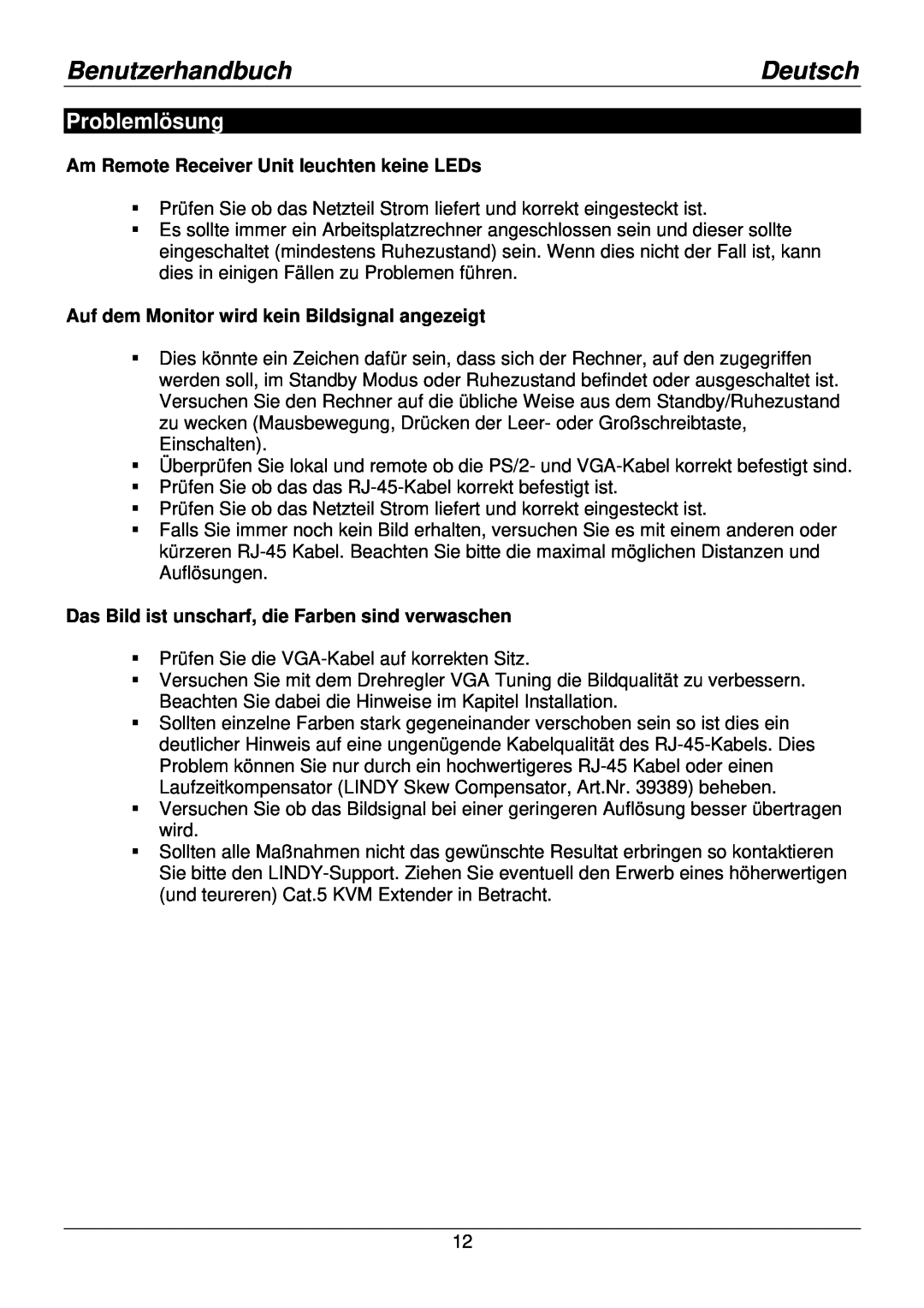 Lindy Smart Problemlösung, Am Remote Receiver Unit leuchten keine LEDs, Auf dem Monitor wird kein Bildsignal angezeigt 