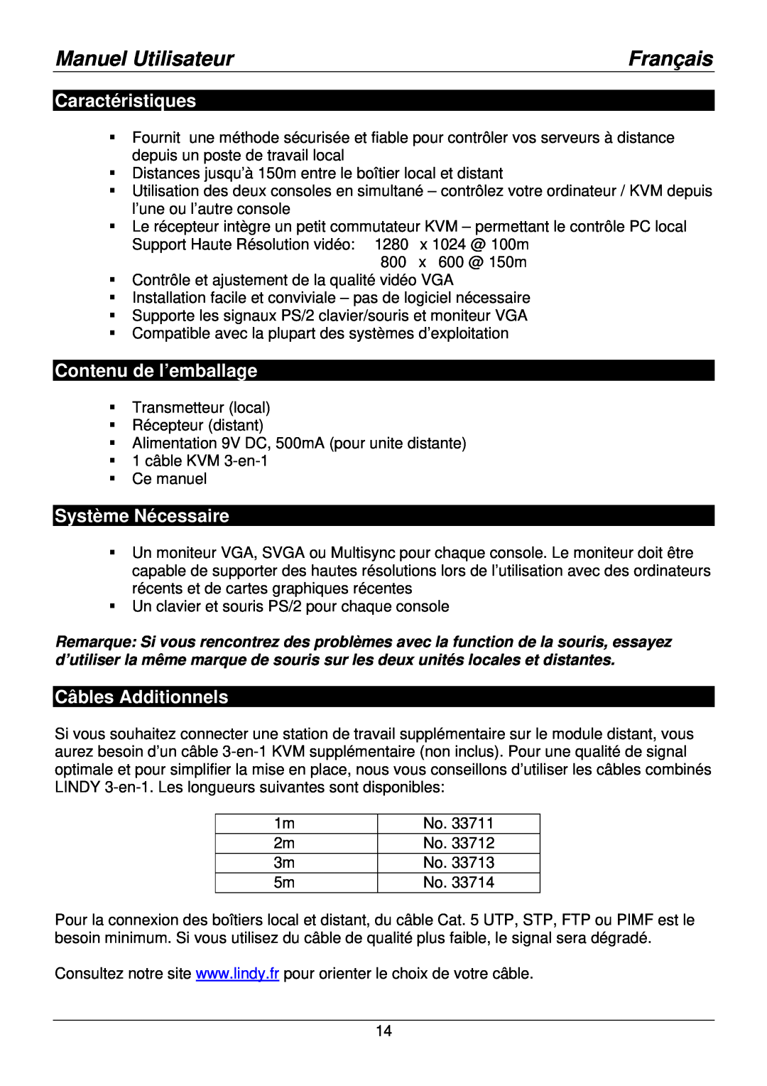 Lindy Smart Caractéristiques, Contenu de l’emballage, Système Nécessaire, Câbles Additionnels, Manuel Utilisateur 