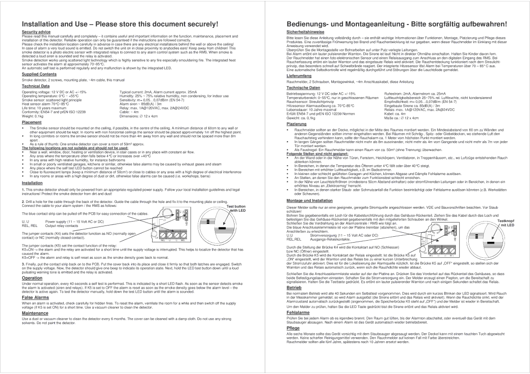 Lindy Smoke Alarm dimensions Operation, False Alarms, Maintenance, Betrieb, Fehlalarme, Pflege 