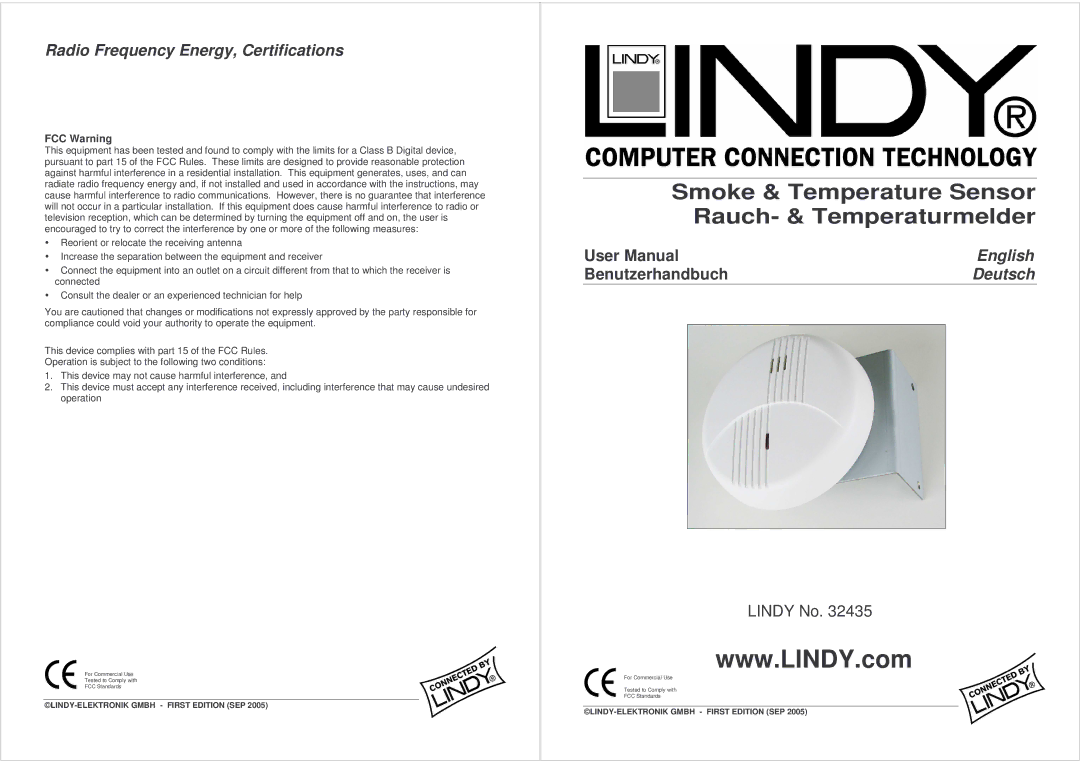 Lindy Smoke Alarm dimensions Smoke & Temperature Sensor Rauch- & Temperaturmelder 